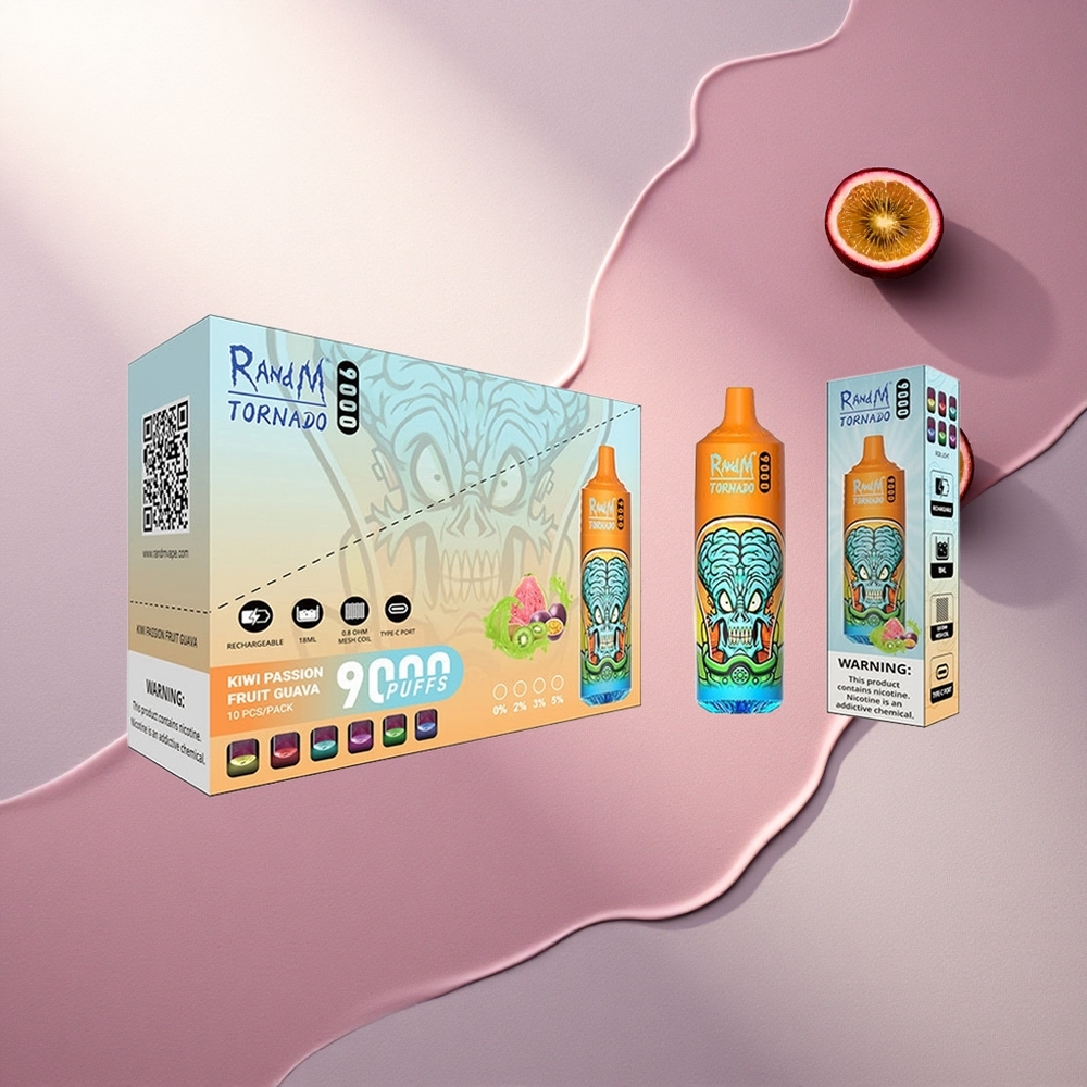 RandM Fumot Tornado 9000 Puffs Slovensko ime: Pasijonka Guaja Kajsija z 18 mL e-tekočine in 850 mAh baterijo
