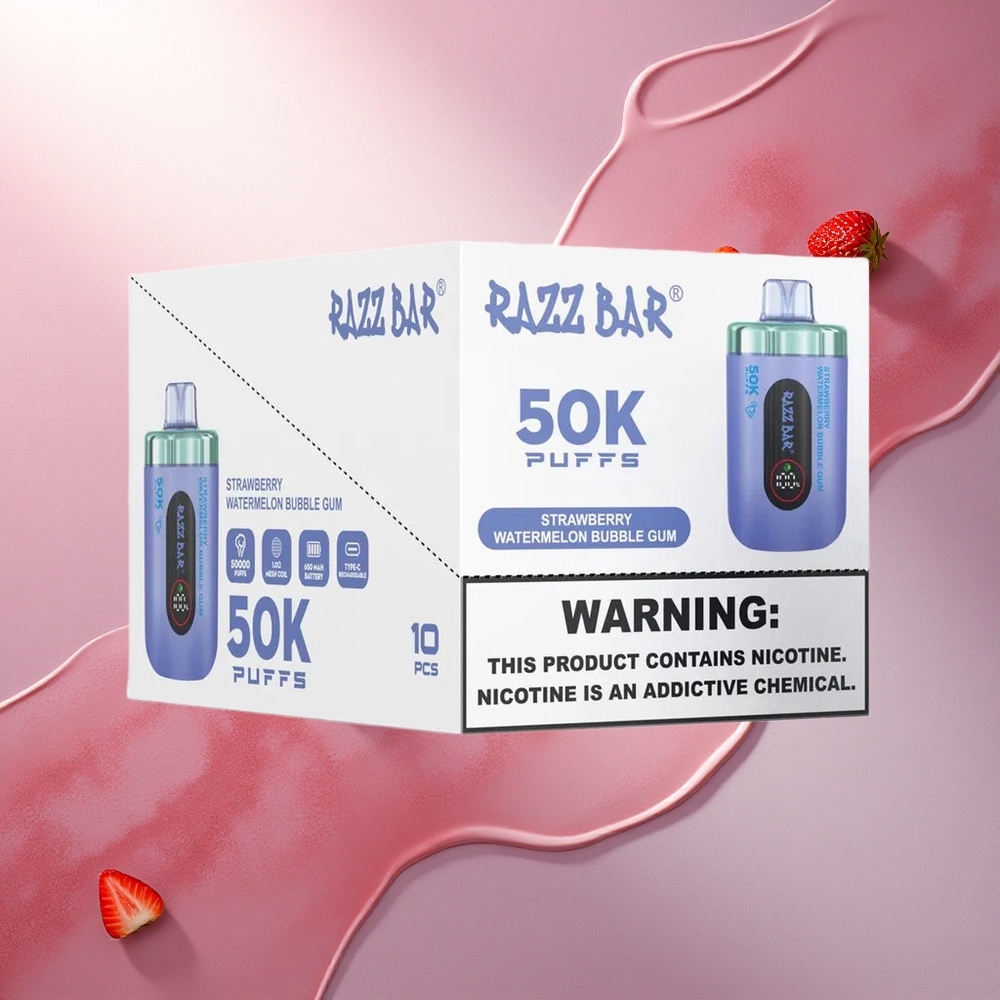 Razz Bar 50K Puffs Jagoda Lubenica Mehurska Guma z 2% Nikotina in 650 mAh Baterijo
