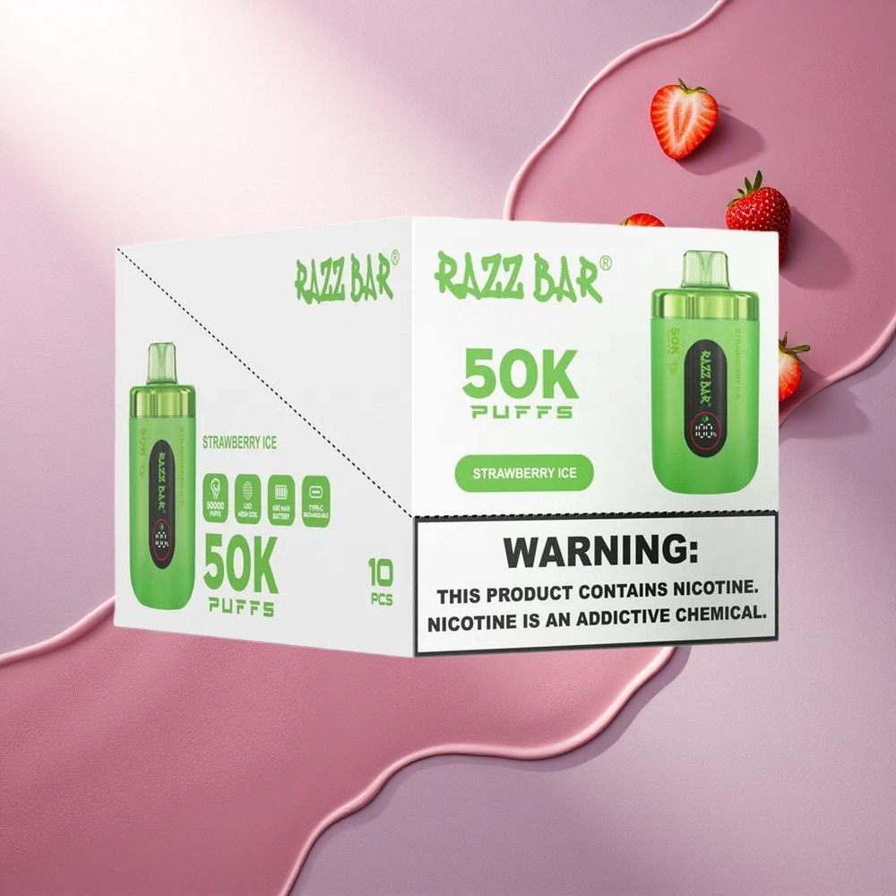 Razz Bar 50K Puffs Jagodni Led z 2% nikotina in 650 mAh baterijo